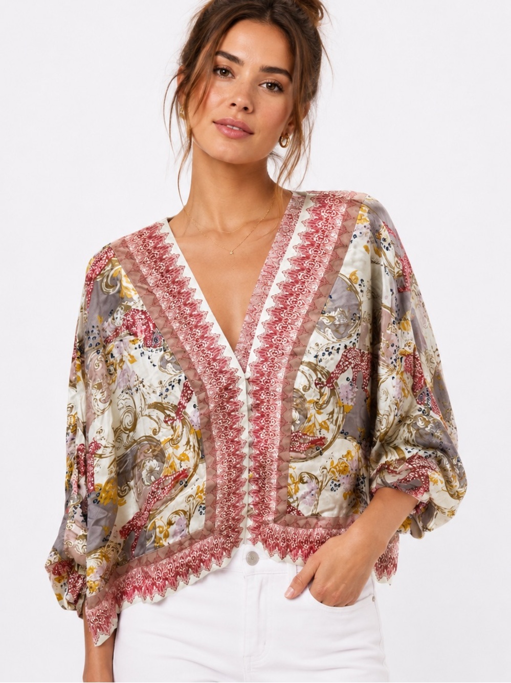FREE PEOPLE Catch Me If You Can Top Blouse Boho Floral Tie Sleeves size Medium